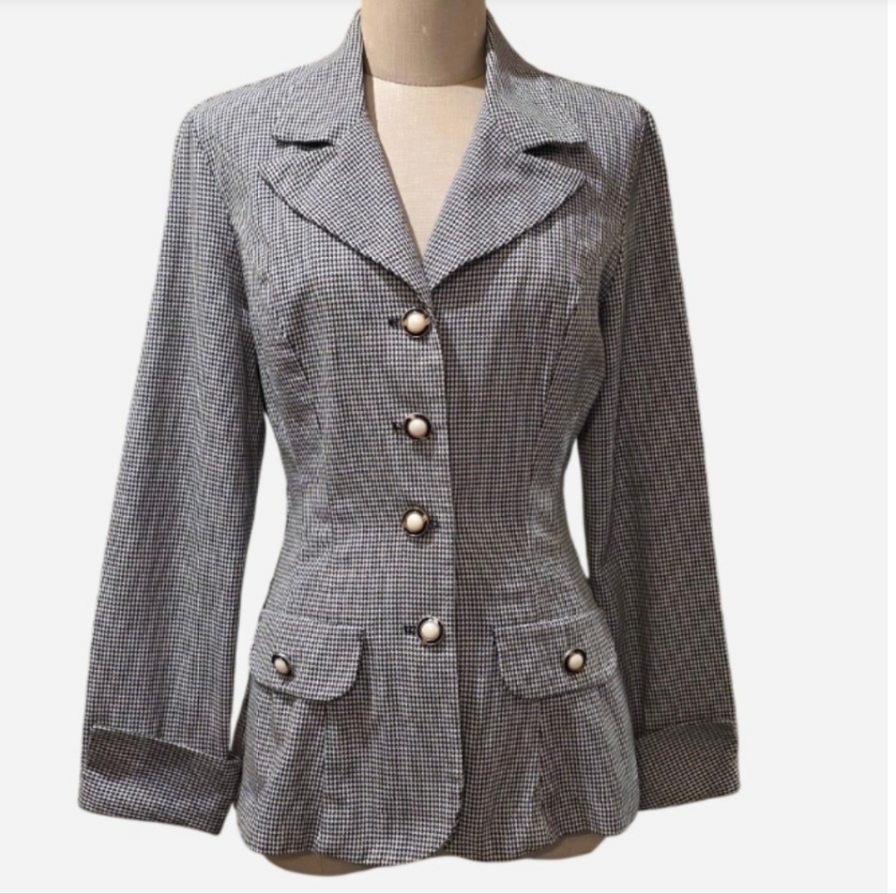 Vintage (Rare Find) ECRU Houndstooth Tailored Blazer - Black/White.  Sz Sm. EUC!